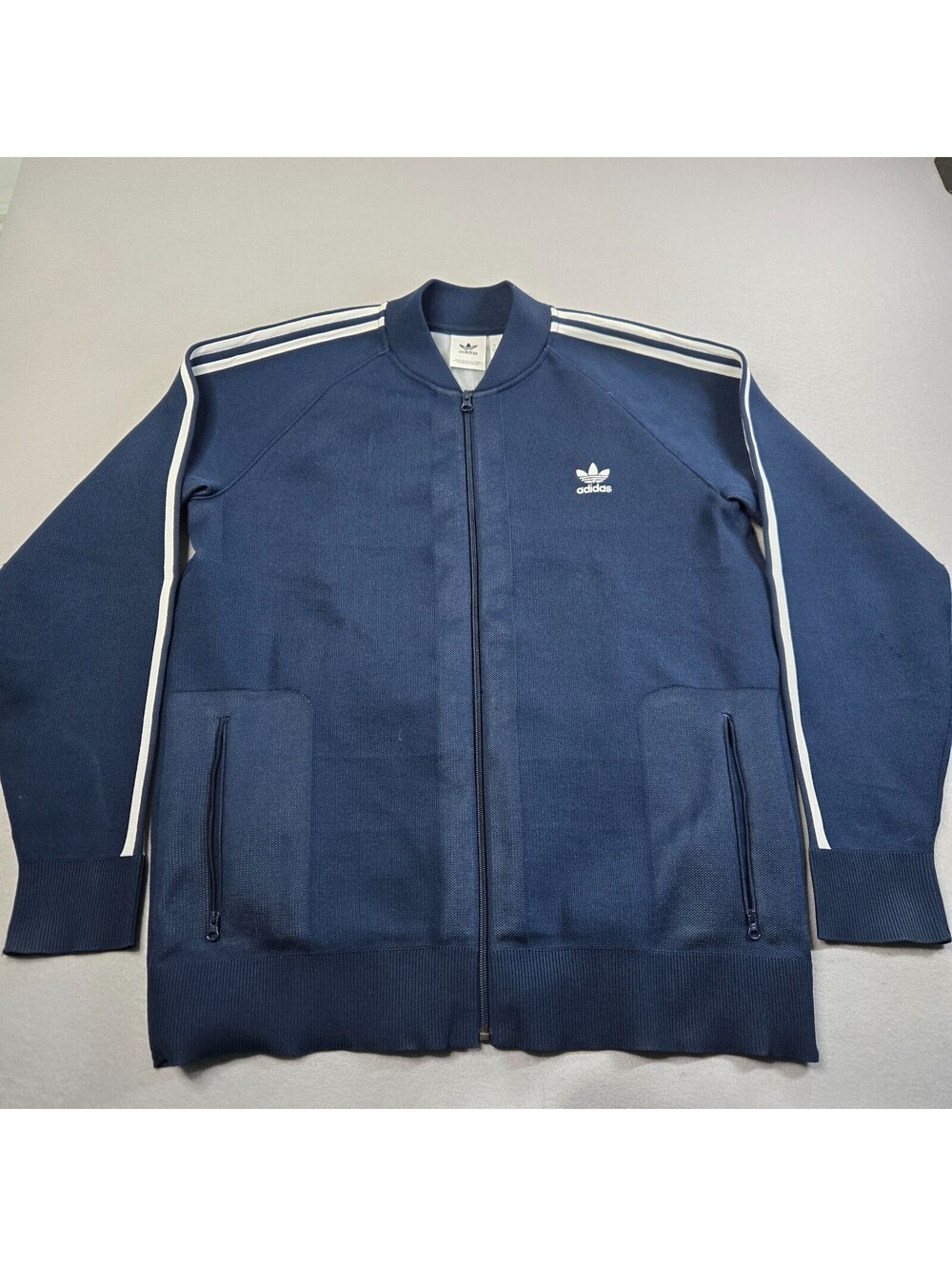adidas Originals Blue/White Full-Zip Track Jacket Trefoil Striped Sleeves Large